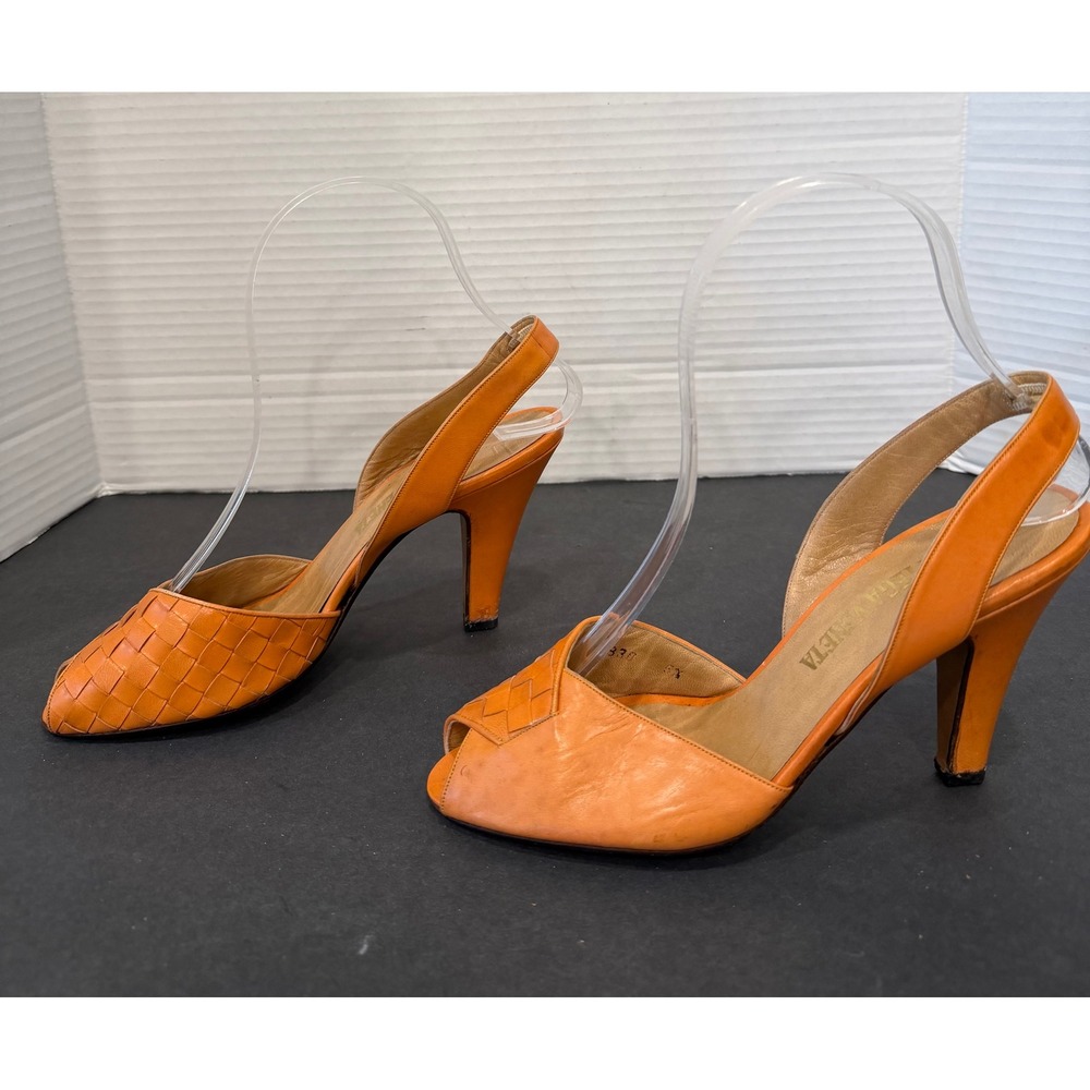Bottega Veneta Orange  Intrecciato Peep Toe Slingback‎ High Heels Sz 5.5C Narrow